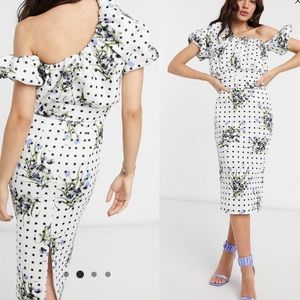NEW ASOS one shoulder bubble neckline belted midi floral polka dot dress